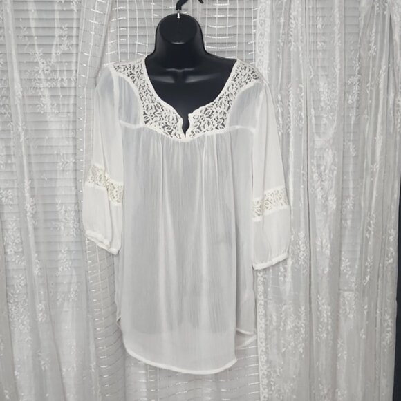 Mossimo Supply Co. Tops - White Chiffon & Lace 3/4 Sleeve Flowy Boho Hippie Cottage Core Peasant Top SzLg